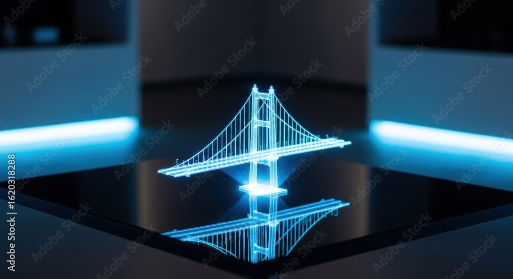 Poster hologram of a modern bridge structure projecting from a blue glowing platform. future city architect