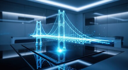 Holographic bridge projection over a digital tablet. Future city and innovative technology concept for architectural design.