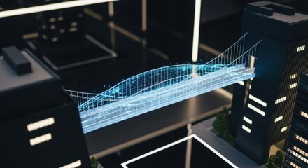 Miniature city model with a blue digital data bridge connecting skyscrapers representing futuristic urban technology.