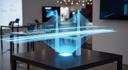 Blue digital bridge hologram project on a table. Futuristic urban planning and architecture development. Smart city infrastructure.