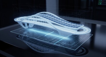 Holographic city model showcasing modern bridge design with solar panels. Futuristic sustainable architecture concept for urban development.