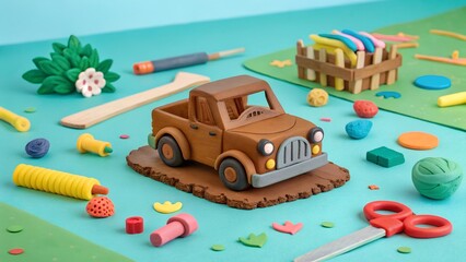 Handmade clay car and farm tools on a table for a creative hobby