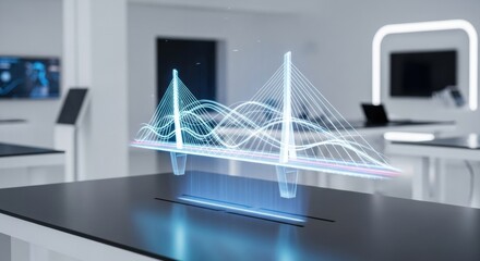 A futuristic holographic bridge projected on a table in a modern white office representing innovation.