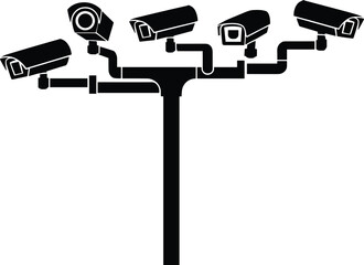 Multiple CCTV security cameras on single pole, surveillance system silhouette vector illustration, black and white monitoring technology isolated on white background