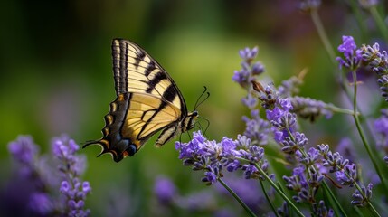 Naklejka premium A swallowtail butterfly drinking nectar from a lavender flower, surrounded by lush greenery.