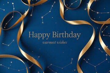 Elegant gold ribbon and constellation design for a sophisticated Happy Birthday celebration card with warmest wishes