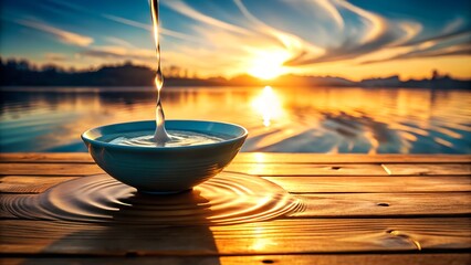 Water pouring into bowl on wooden table with sunset over lake backdrop