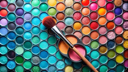 Colorful eyeshadow palette with makeup brush for beauty and fashion concept