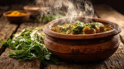 A traditional clay pot filled with steaming hot curry, placed on a rustic wooden surface with fresh herbs.