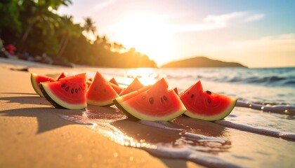 Watermelon slices on a tropical beach at sunset