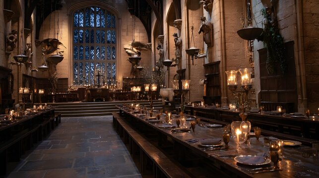 Gothic Dining Hall Banquet: Medieval Architecture, Candlelit Ambiance, Tall Ceilings, Stone Walls, Ornate Decor, Group Dining in Historical Atmosphere with Old World Charm
