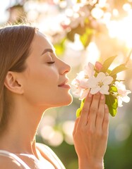 Woman peacefully smelling delicate spring blossoms in sunlight