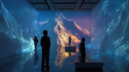 Fototapeta premium A group of people standing in a large, illuminated room with a dramatic, colorful landscape 