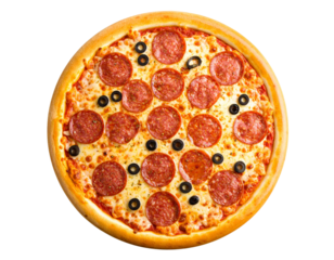 Pizza Slice with Salami and Olives Being Lifted, Cheese Stretching, Side Angle, Transparent PNG