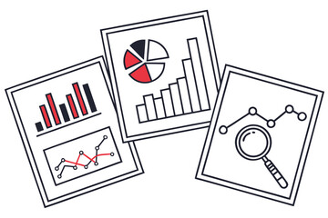 Illustration of three sheets of paper with different types of graphs and a magnifying glass icon design