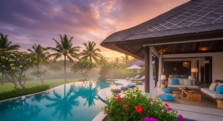 Fototapeta premium Luxury Villa by Aqua Pool with Palm Trees at Sunset