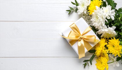 White gift box with gold ribbon and yellow/white flowers on white wood