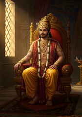 Obraz premium King on Throne, Royal Portrait, Indian Royalty, Golden Crown, Regal Attire, Palace Interior, Historical Figure.