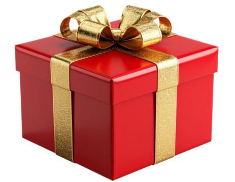 3D render of a neatly wrapped present with glossy red wrapping paper and a large gold bow on top, isolated on transparent background PNG