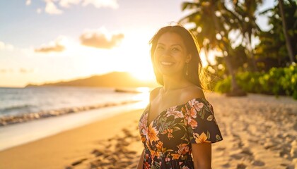 Woman smiles at sunset on tropical beach