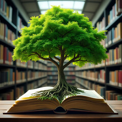 Tree of knowledge growing from an open book in a library