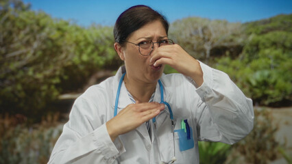 Middleaged hispanic woman doctor pinches nose by stethoscope amid sunlit green park foliage;...