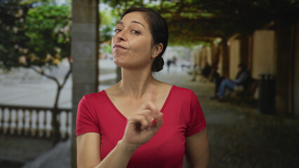 Hispanic middle aged woman in red shirt points finger to side on street lined with benches;...