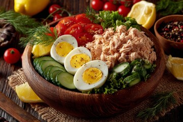 Fresh and colorful salad bowl with vegetables, tuna, and boiled eggs prepared for a healthy meal at home
