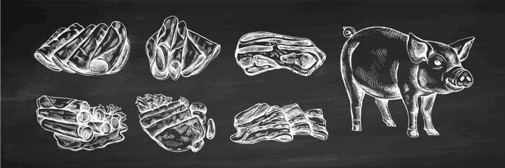 Hand drawn vintage chalkboard set of pig and ham slices in engraving style, white on black background