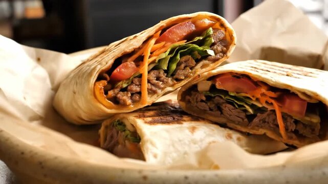 Sliced doner kebab wrap with grill marks and colorful filling, slowly rotating to reveal fresh vegetables and spiced meat under soft natural lighting.

