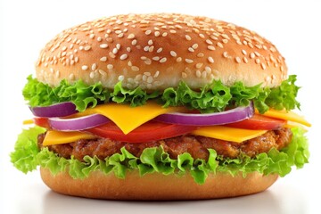 Delicious cheeseburger piled high with fresh ingredients and a toasted sesame seed bun