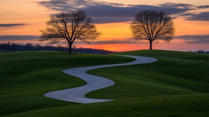 A winding path traverses lush green hills under a vibrant sunset sky flanked by two bare deciduous trees