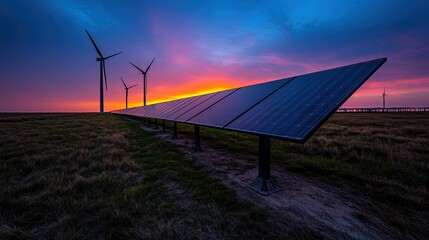 Rows of blue solar panels on green and brown grassy field with wind turbines silhouetted against a vibrant sunset sky