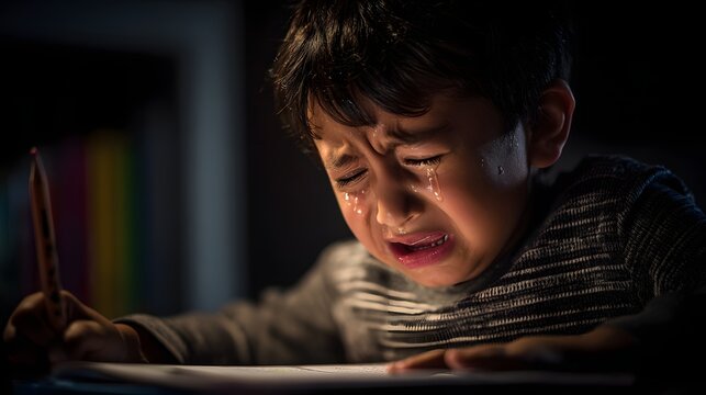 Emotional Child Crying Over Homework: Frustration and Anxiety During Nighttime Study Session - Financial Lessons, Educational Growth, and Artistic Lighting Telling a Story