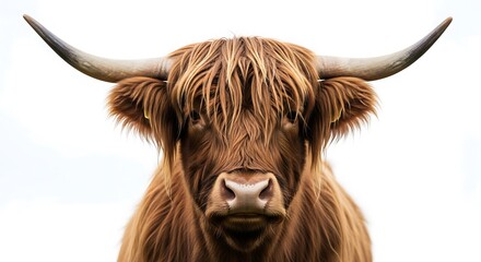 Photo of closeup portrait of a cute highland cow isolated on white background