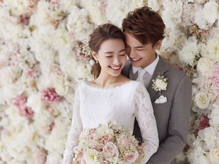 笑顔の日本人カップルが結婚式で寄り添うウェディングポートレート