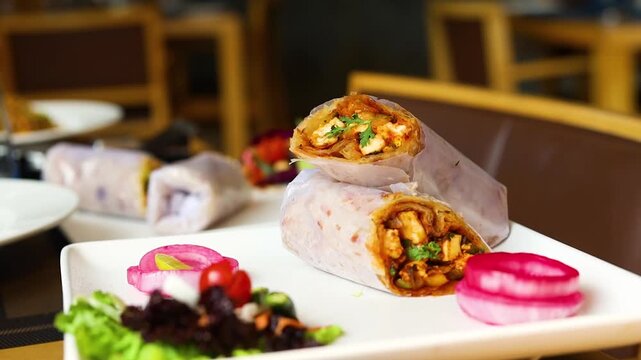 Kathi roll or frankie filled with paneer and plated on a white plate