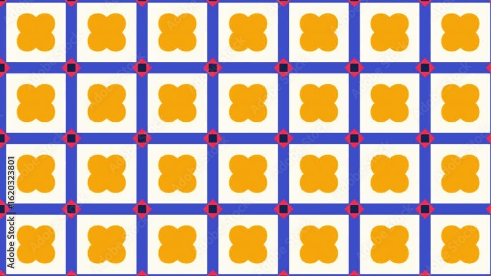 Poster looped geometric animation featuring repeating orange clover shapes inside white squares framed by b