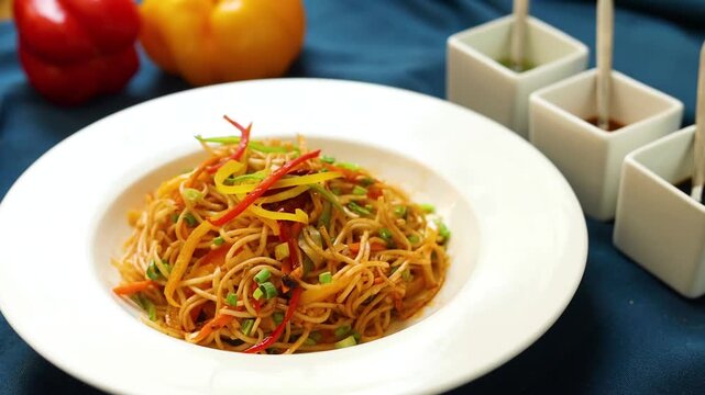 Noodles or chowmein with vegetables in a bowl in a restaurant or cafe