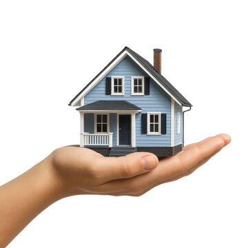 A Hand Holding A Miniature Blue House Model on Transparent Background