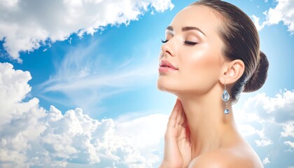 Woman with flawless skin, serene pose, clouds background