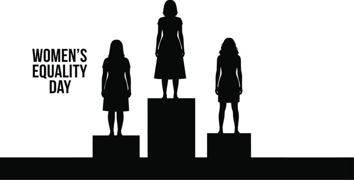 Vector art of silhouette of three women standing on podiums to celebrate womens equality day isolated on white background