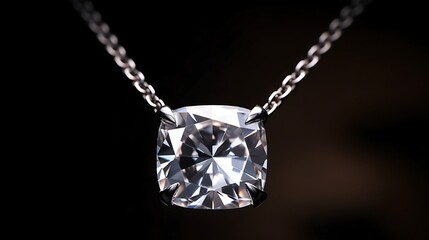 A silver necklace featuring a cushion-cut diamond pendant floating in air against a charcoal gray solid backdrop, dramatic lighting with clean highlights, crystal details, full-frame view.