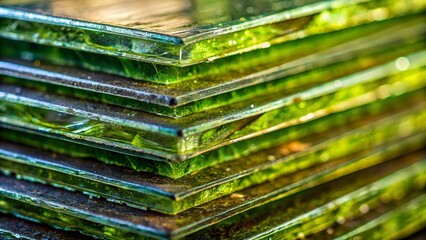 Stack of green glass sheets creating an abstract textured background