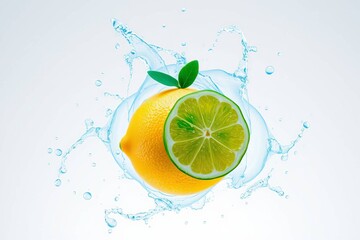 Orange and lemon slices closeup in splashing water isolated on white background