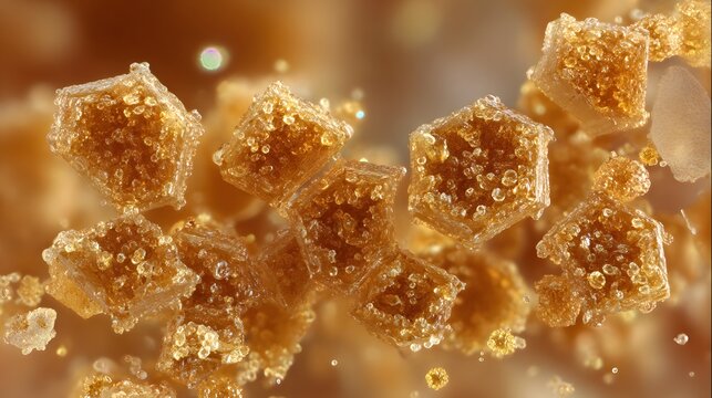 Macro Close-Up of Hexagonal Brown Sugar Crystal Texture: Abstract Organic Patterns and Geometric Shapes for Food Science, Granule Formation, and Molecular Details
