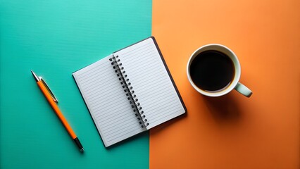 Coffee cup with notebook and pen on colorful background for working
