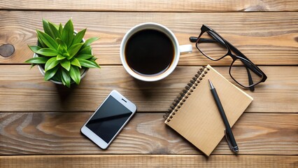 Coffee cup with office supplies on wooden desk for working from home