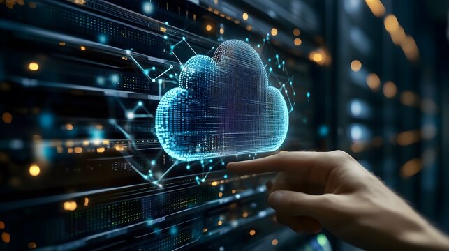 Futuristic digital cloud interface activated by hand touch in server room, symbolizing cloud computing, data storage, cybersecurity, digital transformation, and network technology innovation

