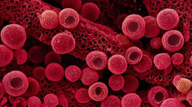 Microscopic View of Red Blood Cells: Hematology, Cellular Structure, and Oxygen Transport in Human Biology &ndash; Health Diagnostics and Biomedical Research Pathology Study